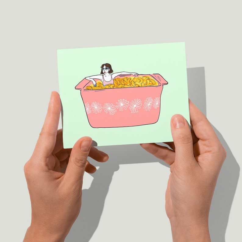 Pyrex Pink Daisy Art, Mac N Cheese Cute Greeting Card, Macaroni and Cheese, Cute Vintage Card, Retro Dish Art, Foodie Card