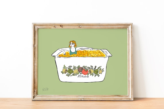Vintage Corningware Spice of Life Mac n' Cheese Illustration Print, Retro Kitchen Art, Mac and Cheese Wall Art, Cute Nostalgic Kitchen Art