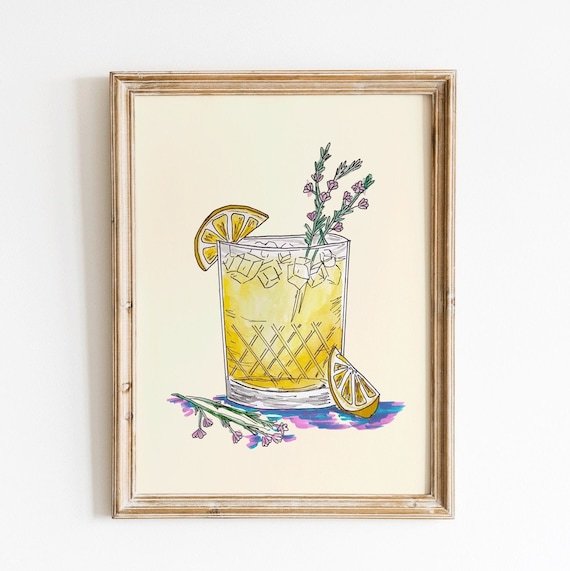 Lemonade Cocktail Wall Art Print, Hand Illustrated, Wall Decor Kitchen Wall Decor, Preppy Cute Art, Drink Art, Bar Cart Wall Decor, Dorm Art