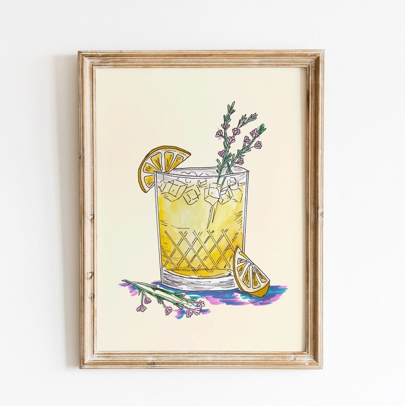 May include: A hand-drawn illustration of a yellow cocktail with ice cubes, a lemon wedge, and a sprig of rosemary with pink flowers. The drink is in a glass with a criss-cross pattern and is set on a purple and blue background.