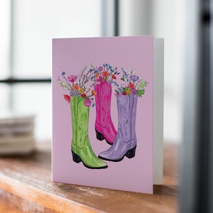 Cowgirl Boot illustrierte Blumen Grußkarte, Western Cowboy Karte, Geburtstagskarte, Mode Blumenkarte, leere Karte, Housewarming Karte
