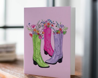 Cowgirl Boot Illustrated Floral Greeting Card, Western Cowboy