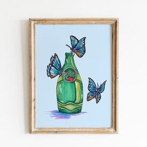 Sparkling Water Butterfly Wall Art, Cute Wall Art, Hand Illustrated