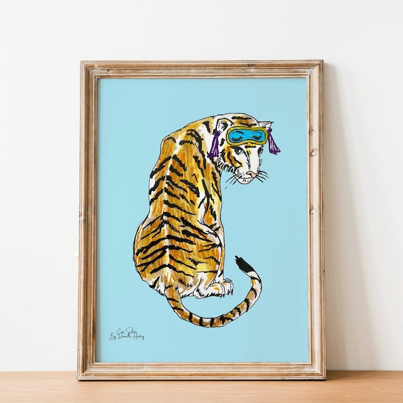 Breakfast At Tiffany's Tiger, Bedroom Art, Illustration Art, Wall Art, Unique Wall Art image 1