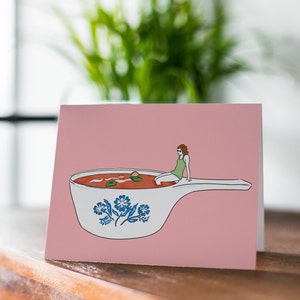Carte de voeux Corningware soupe aux tomates, carte illustrée de plat vintage bleuet bleu, carte pour maman, carte pour grand-mère, carte rétro