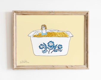 Vintage Corningware Blue Cornflower Illustration Print, Mac and Cheese Art, Kitchen Wall Art