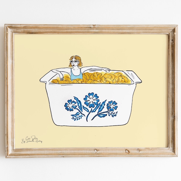 Vintage Corningware Blue Cornflower Illustration Print, Mac and Cheese Art, Kitchen Wall Art