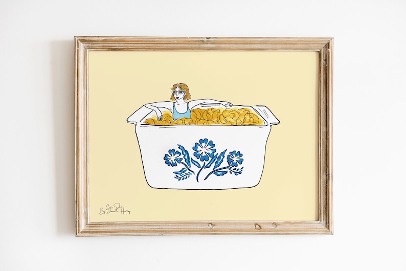 Vintage Corningware Blue Cornflower Illustration Print, Mac and Cheese Art, Kitchen Wall Art image 1