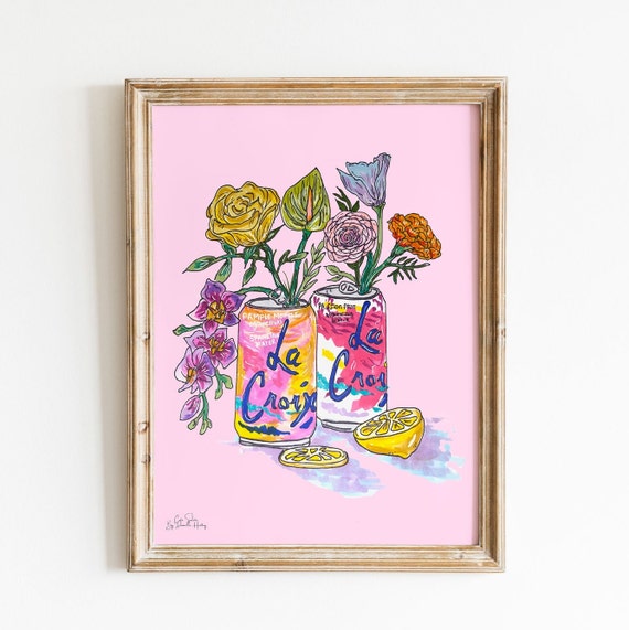 La Croix Wall Print, Sparkling Water Art, Floral Drink Illustration, Apartment & Dorm Decor, Playful Kitchen Wall Art