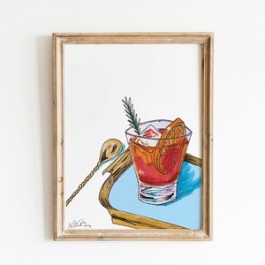 ネグローニカクテルイラストアートウォールプリント、アルコールプリント、ウォールアート、カクテルデコレーション、リビングルームアート、バーカートデコレーション、かわいい寮アート
