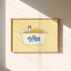 Vintage Corningware blå blåklint Mac n' Cheese illustrationtryck, Mac and Cheese väggkonst, söt nostalgisk kökskonst, retro kökskonst