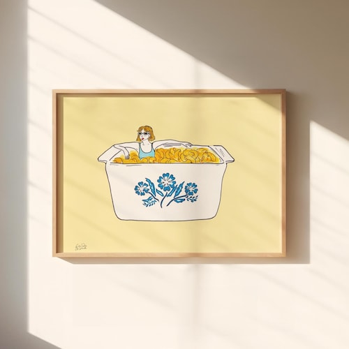 Vintage Corningware Blue Cornflower Mac n' Cheese Illustration Print, Mac and Cheese Wall Art, Cute Nostalgic Kitchen Art, Retro Kitchen Art