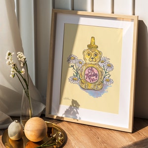 Honey Bottle Wall Art Print, Honey, Floral Print image 2