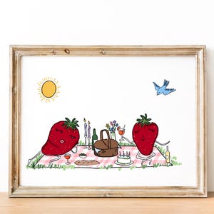 Strawberry Picnic Illustrated Wall Art, Cottagecore Decor, Strawberry Wall Decor, Fruit Kitchen Art, Whimsical Wall Art, Cute Wall Hanging