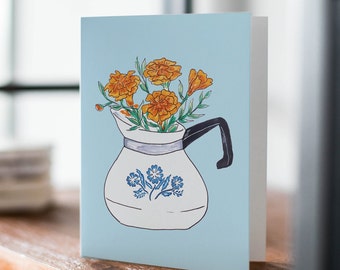 Vintage Corningware Blue Cornflower Greeting Card, Teapot, Mother's Day Card, Cute Retro Card, Kitchen Decor