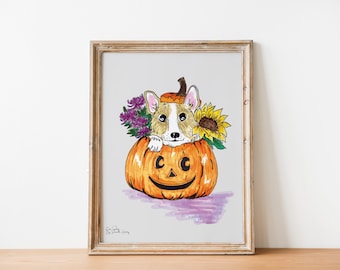 Pumpkin Corgi Fall Halloween Art, Pumpkin, Wall Print, Spooky Wall Art