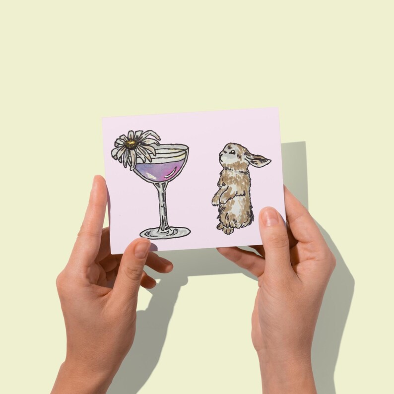 Cute Easter Card, Rabbit Bunny Card, Cocktail Card, Cute Birthday Card, Thinking of You, Pretty Card, Bunny Art, Garden Party, Blank Card, Cute Thinking of you gift card, Easter Card