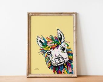 Alpaca Wall Print, Rainbow Llama, Animal Wall Art, Cute Wall Decor