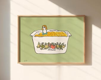 May include: A framed art print on a light green background featuring a line drawing of a person in a green swimsuit relaxing in a white rectangular casserole dish filled with yellow pasta. The dish has a vegetable pattern and the text L'Échalote.