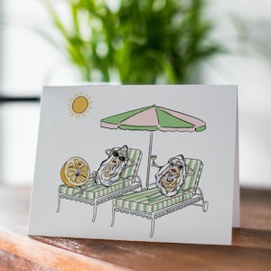 Cartão de aniversário fofo ilustrado Oyster Summer, cartão de comida divertida, amante de ostras, cartão de festa, cartão pensando em você