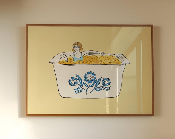 Vintage Corningware Blue Cornflower Mac n' Cheese Illustration Print, Mac and Cheese Wall Art, Cute Nostalgic Kitchen Art, Retro Kitchen Art