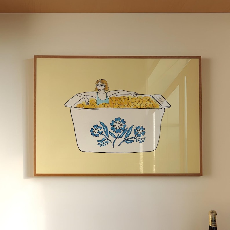 Vintage Corningware Blue Cornflower Mac n' Cheese Illustration Print, Mac and Cheese Wall Art, Cute Nostalgic Kitchen Art, Retro Kitchen Art image 1