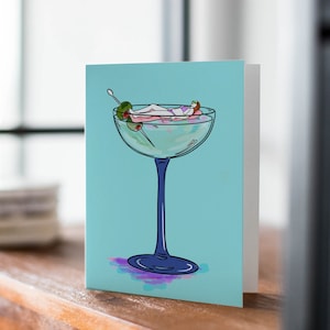 Tarjeta de felicitación ilustrada de Martini, tarjeta de cumpleaños con cóctel, tarjeta en blanco, tarjeta con bebida bonita, tarjeta para ella, tarjeta para chica bonita