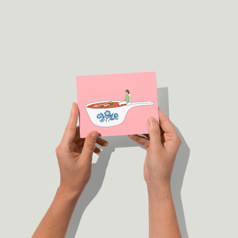 tomato soup in a corning ware dish greeting card