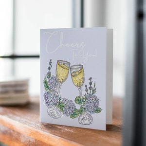 Gefeliciteerd kaart, proost voor jou, verlovingskaart, hortensia, afstudeerkaart, housewarmingkaart, met de hand geïllustreerd