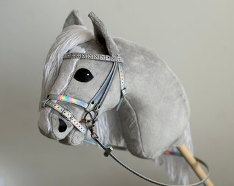 Light Grey Hobby Horse  white mane with opalescent bridle and rains