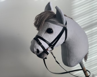 Weißes Steckenpferd mit grauer Mähne und Schatten mit Zaumzeug und Zügel