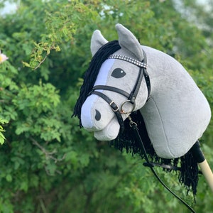 Light Gray Hobby Horse with black bridle and rains