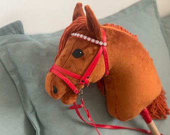 Chestnut Hobby Horse kasztan with red bridle and reins