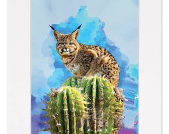 BOBCAT ON CACTUS, Nature Art,  Watercolor Style Art, Bobcat Print