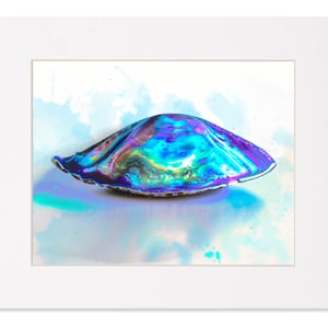 May include: A close-up of a iridescent blue, green, and purple abalone shell on a white background with blue watercolor splatters.
