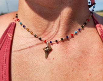 Beaded Shark Tooth Choker | Colorful beaded choker | Shark Tooth Necklace