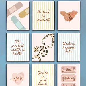 May include: A set of 9 posters featuring medical and wellness themes. Designs include adhesive bandages, a stethoscope, a heartbeat line, and text such as Be kind to yourself, The greatest wealth is health, Healing happens here, and Rest, Relax, Reset.