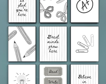 Posters in de klas: positieve citaten van leraren, zwart-wit (digitale download)