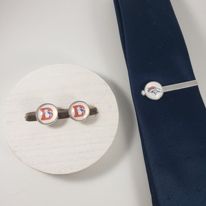 Denver Broncos cufflinks and tie clip