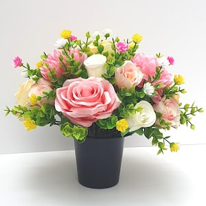 Artificial Grave Flower Arrangement: Roses, Rosebuds & Chrysanthemums in Pink, Yellow and Ivory Memorial Flowers
