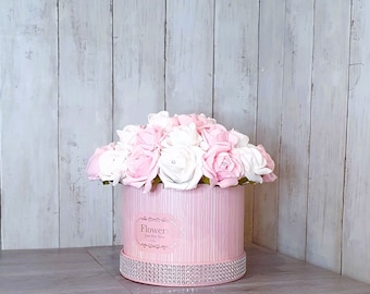 Pink White Foam Roses Hat Box Arrangement, Diamante Band Accent