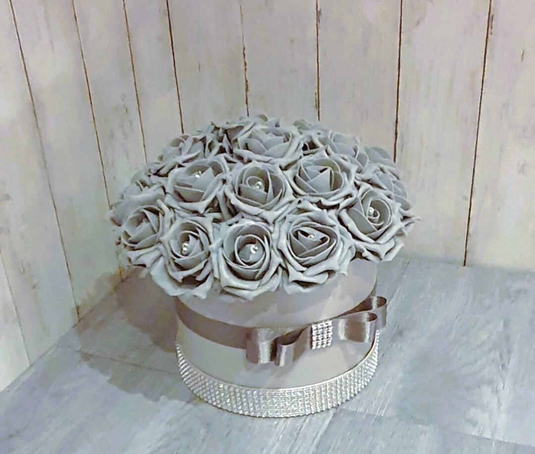 Flower Hat Box, Flower Arrangement, Grey Hat Box With Foam Roses