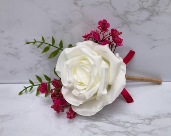 Ivory/White Silk Rose Wedding Buttonhole with Gypsophilia, Groomsmen Boutonniere, Lapel Flower