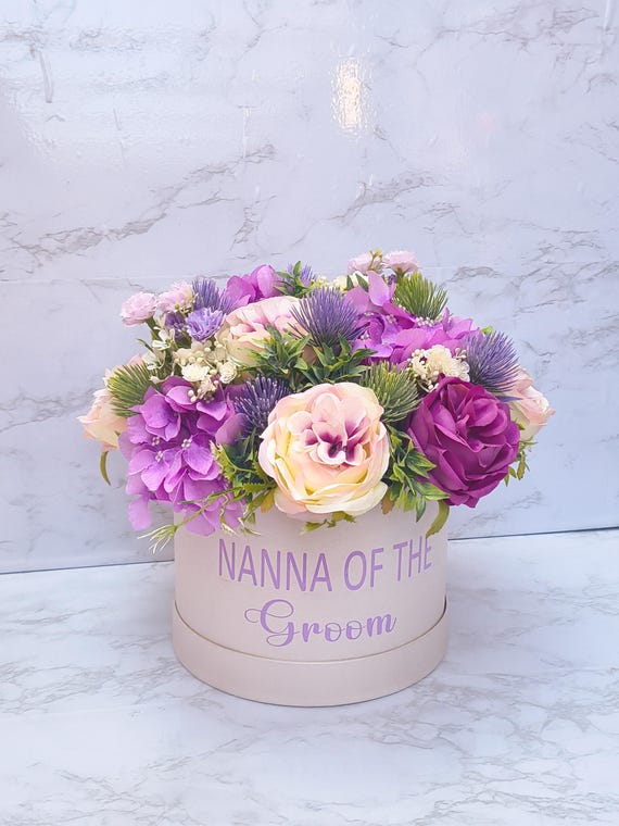 Purple,Lilac & Ivory Artificial Flower Hat Box Centerpiece, Mother Of The Bride Gift