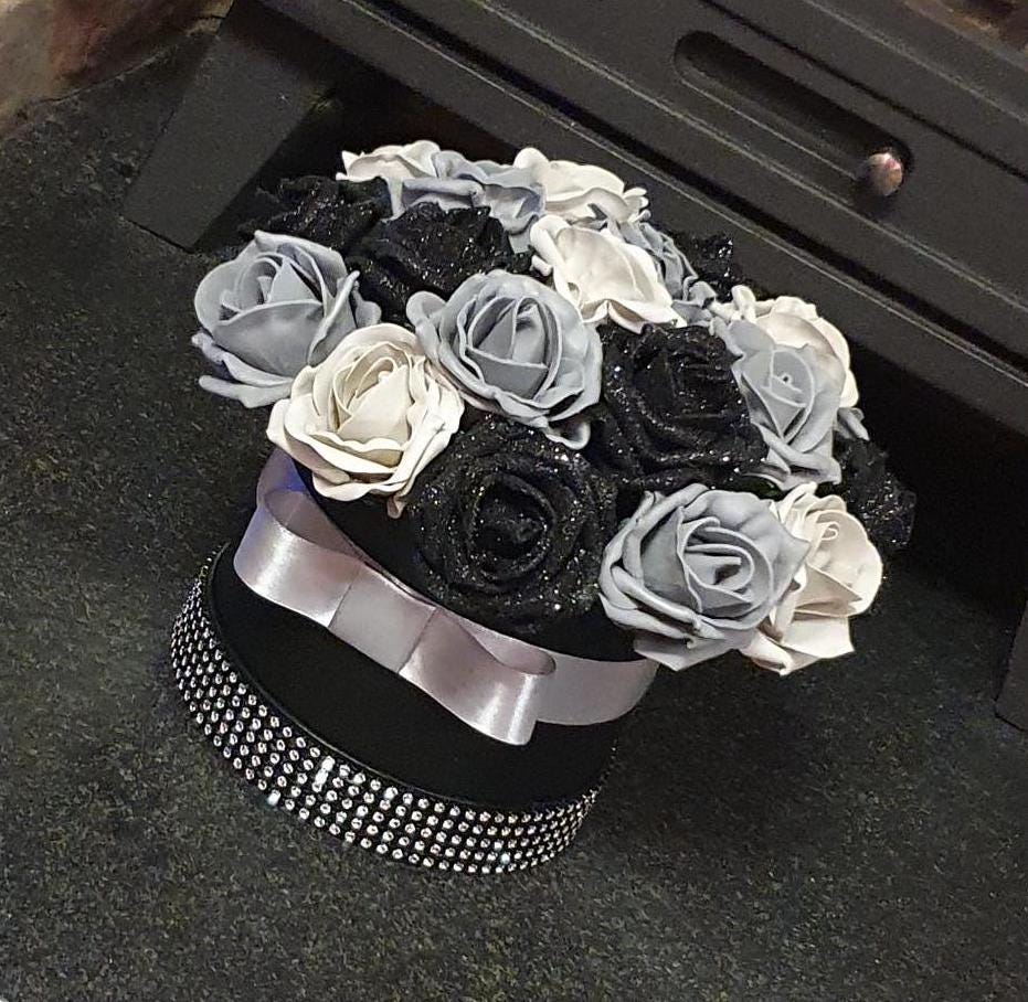 Black and Silver Roses Hat Box Black and Silver Roses Hat Box