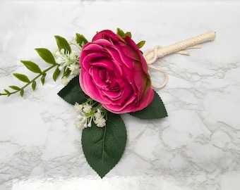 Raspberry Silk Rose Wedding Buttonhole with White Gypsophilia, Groomsmen Boutonniere, Lapel Flower
