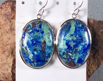 Azurite Earrings in Sterling Silver, 20X30 mm. Stones from Congo