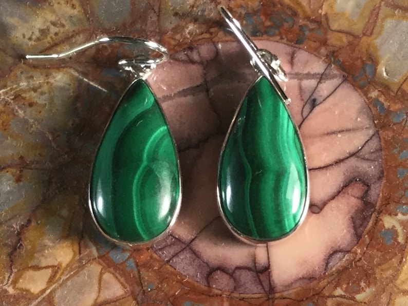 Malachite Earrings in Sterling Silver 10x25mm.