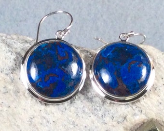 Azurite Earrings in Sterling Silver, Round, Diameter  20 mm. Stone from Congo