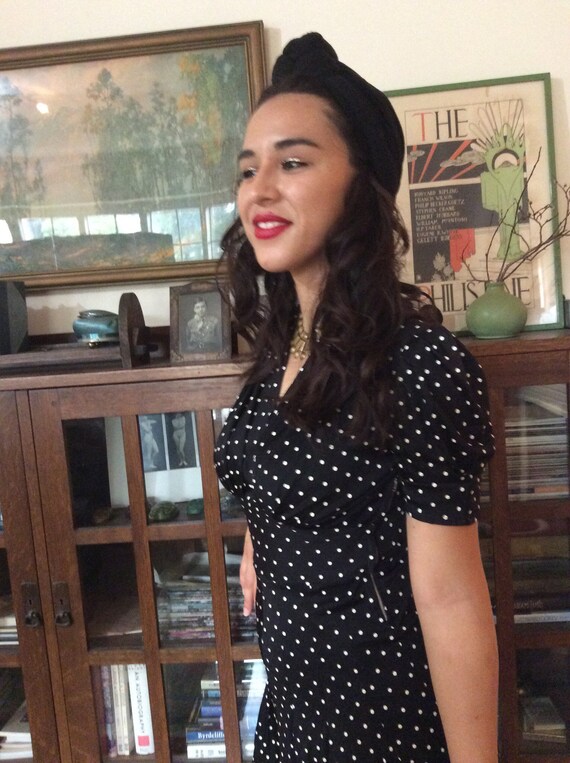 1940s black and white polka dot rayon jersey dress